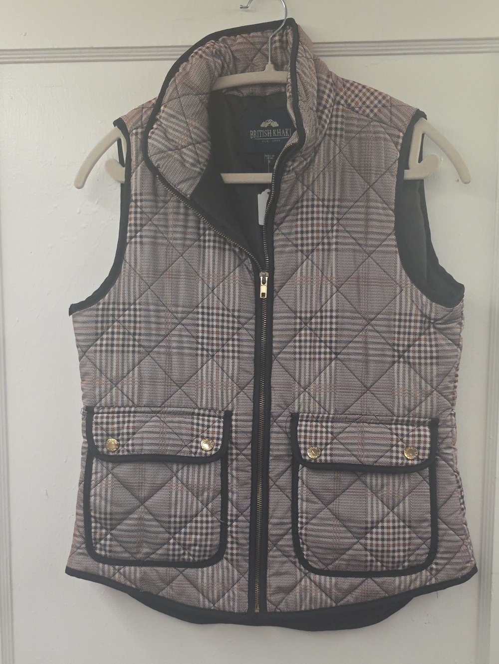 British Khaki Plaid Quilted Vest Small Equestrian Preppy Gold Hardware